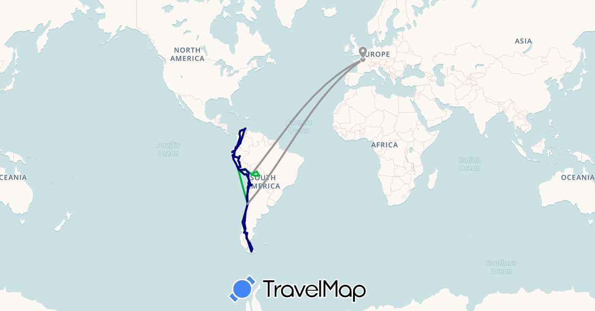 TravelMap itinerary: driving, bus, plane, boat in Argentina, Bolivia, Chile, Colombia, Ecuador, France, Peru (Europe, South America)